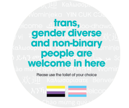Image of a circle sticker with 'welcome' written in different languages in the background. On the foreground it says 'trans, gender diverse and non-binary people are welcome in here. Please use the toilet of your choice.